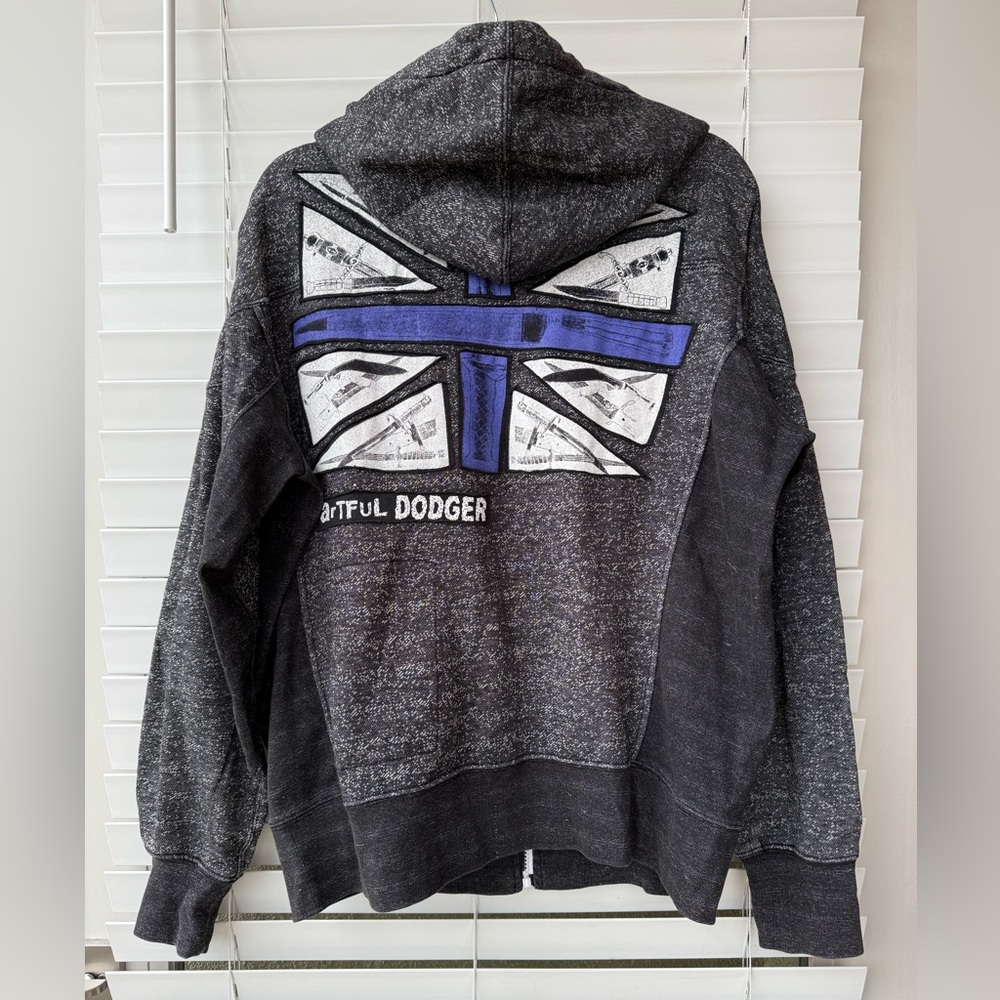 Artful Dodger Full Zip Up Hoodie Gray Black Pullover Y2K Mob Embroidered L